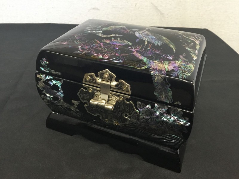 螺鈿細工 木製 漆器 小物入れ 収納箱 アクセサリーケース ボックス ミラー 鏡付き 鍵付き 南京錠 画像1